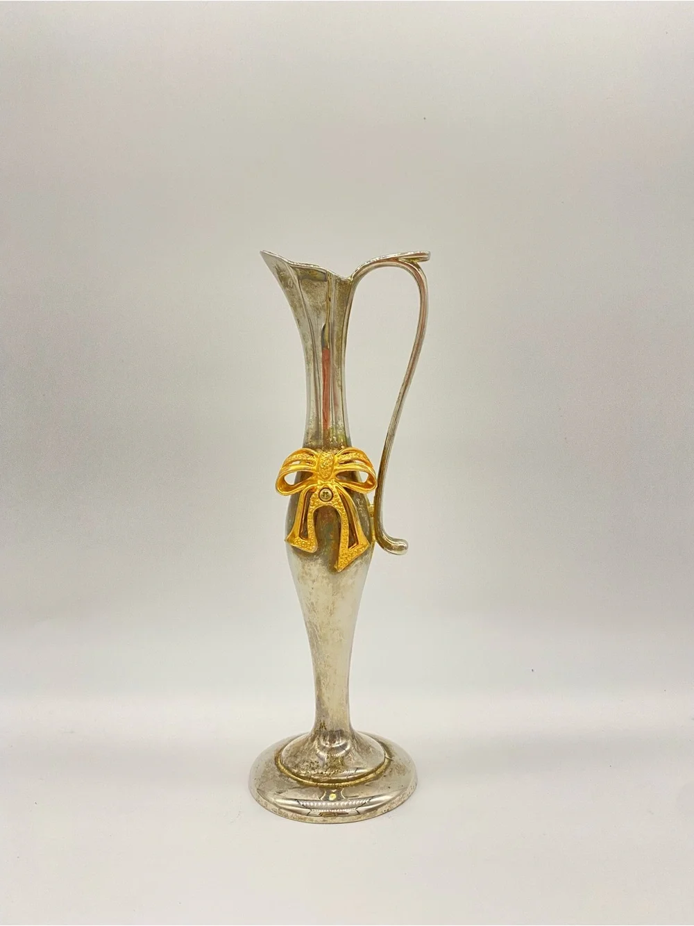 Silver Plated Brass Bud Vase with Gold Tone Bow Accent